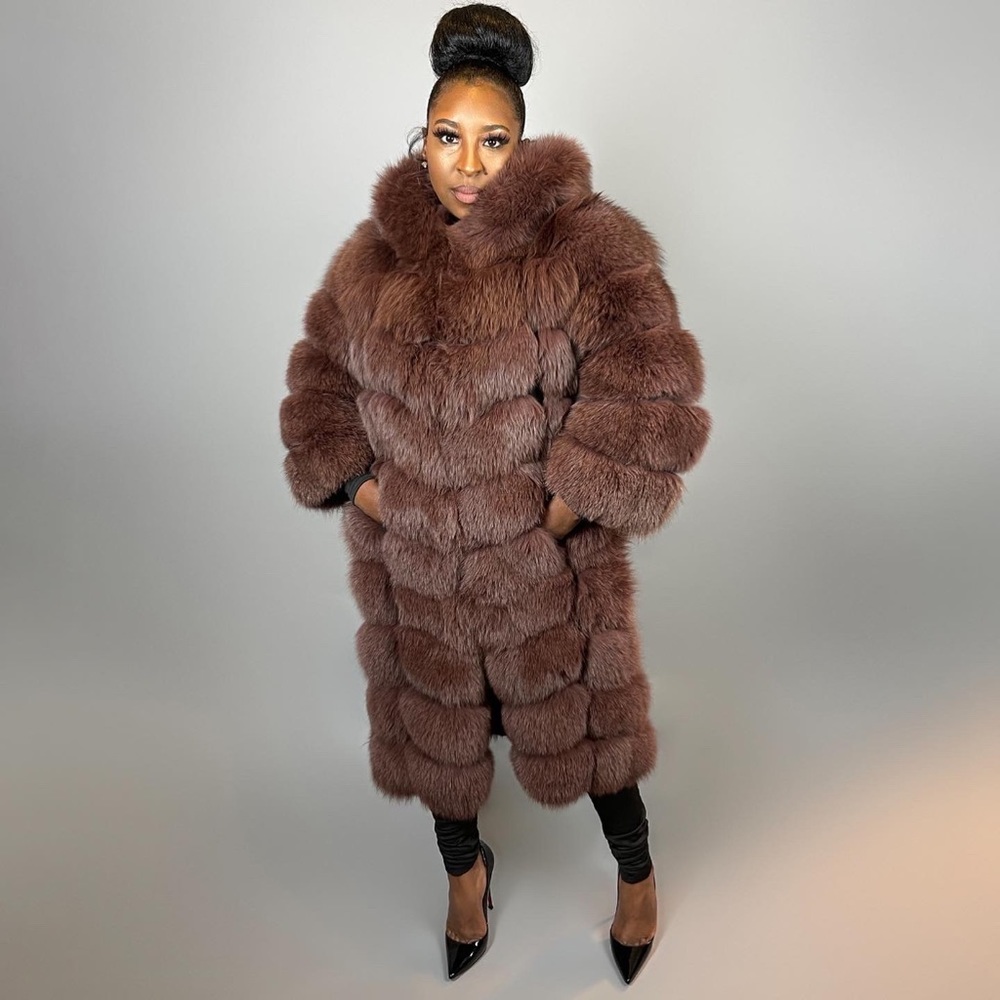 100% genuine Fox Fur ankle length Jacket with hood.
